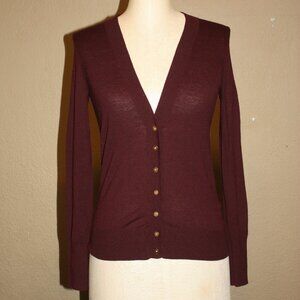 J.CREW BURGUNDY MERINO WOOL KNITTED OPEN CARDIGAN WITH GOLD BUTTONS - XS 0 2